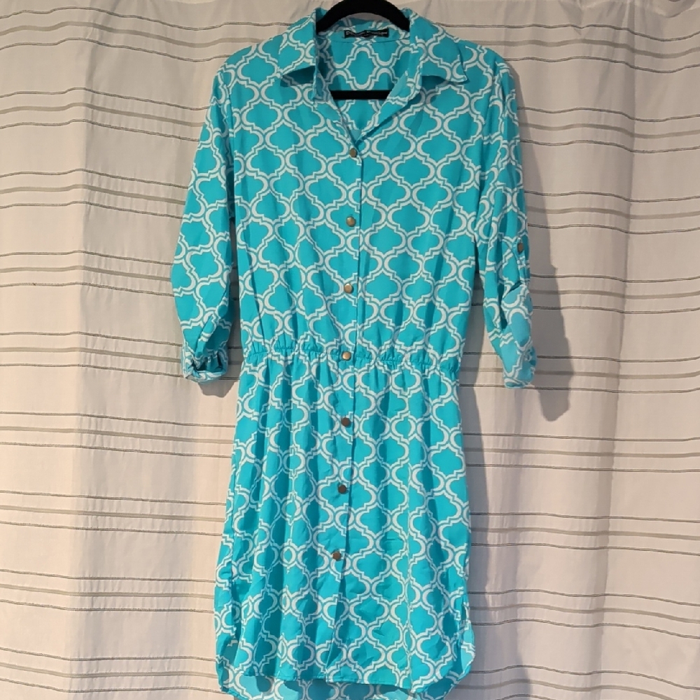 Elegant Turquoise Patterned Long Sleeve Dress